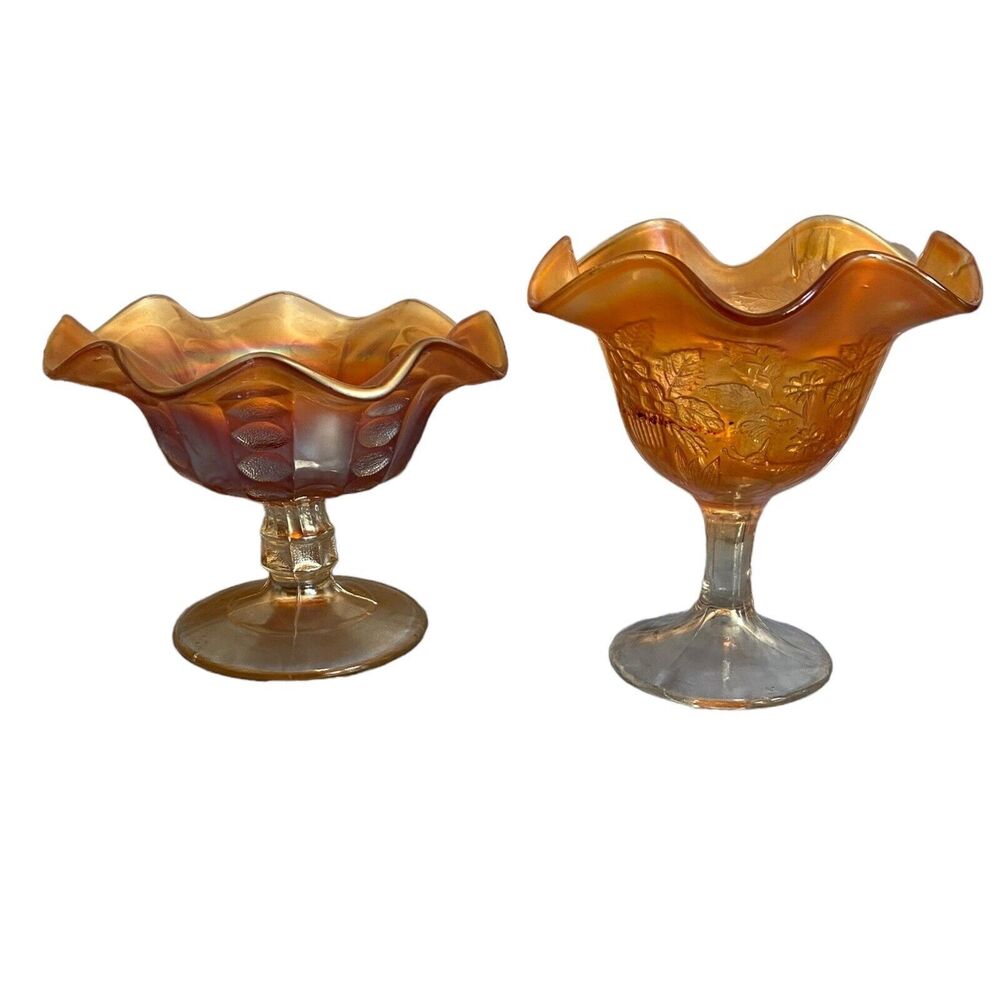 Lot of 2 VTG Carnival Glass Marigold Compote on Pedestal Dishes Fenton & Dugan
